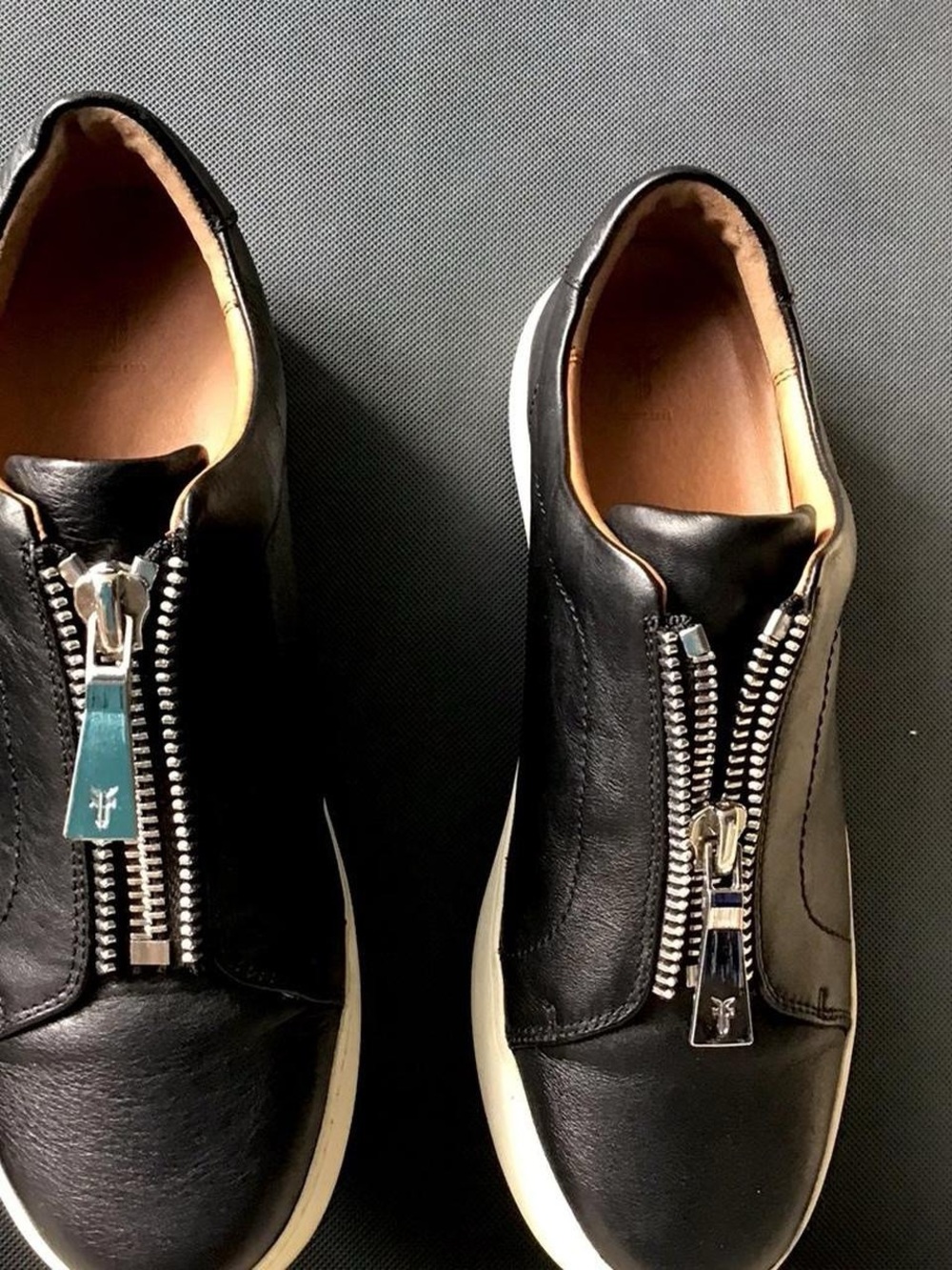 Frye Lena Rebel Black Leather Slip-On Sneakers with Silver Zippers